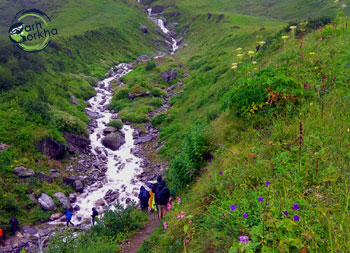 Valley of flowers trek: moving across waterfalls.